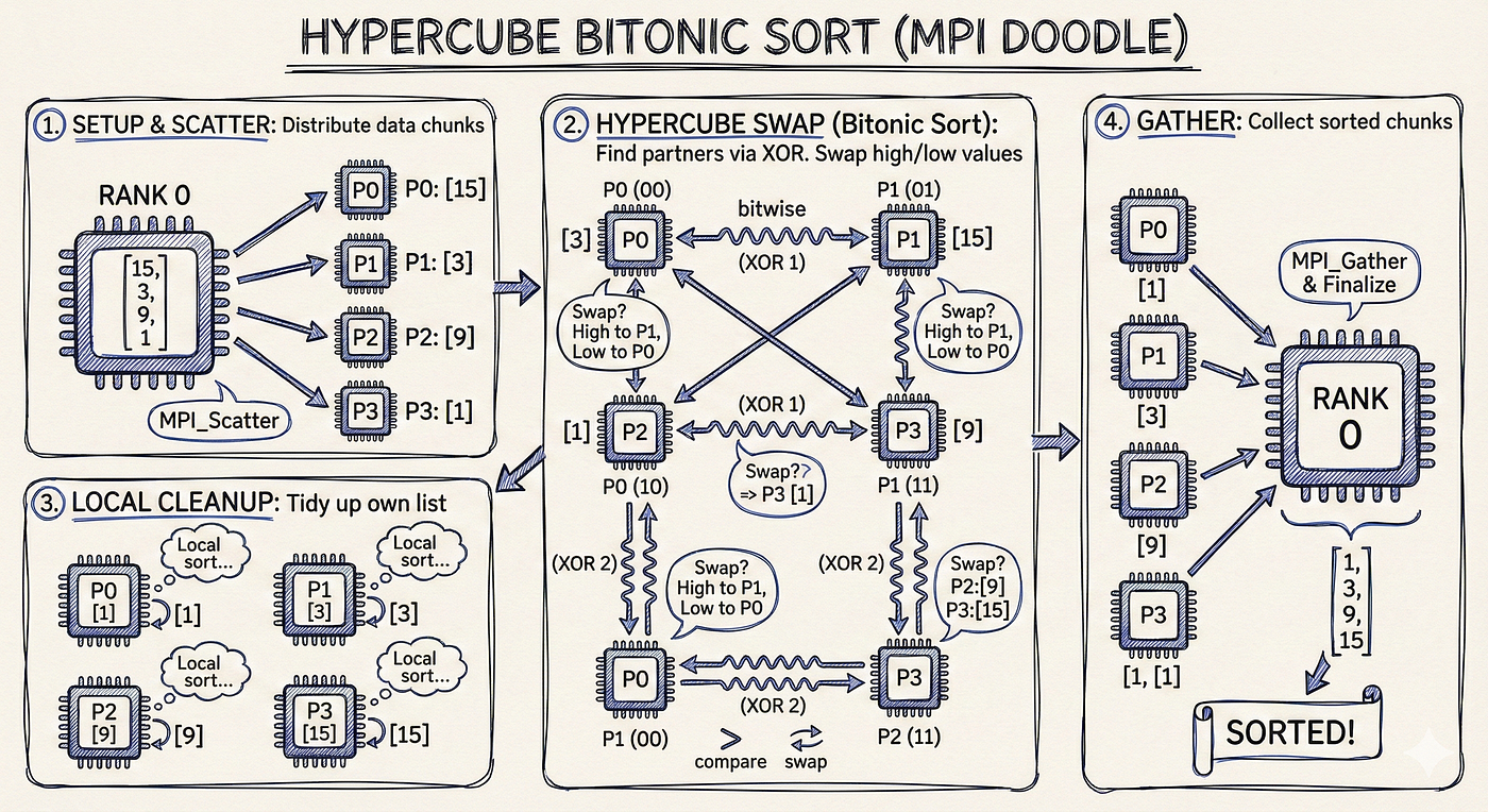 Hypercube Bitonic Sort with MPI full code in C program | by SrijitPaul, MSc  in AI | Jan, 2026 | Medium