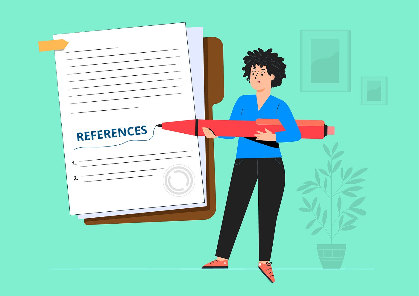 A person holding a giant pencil writes the word references on a giant piece of paper