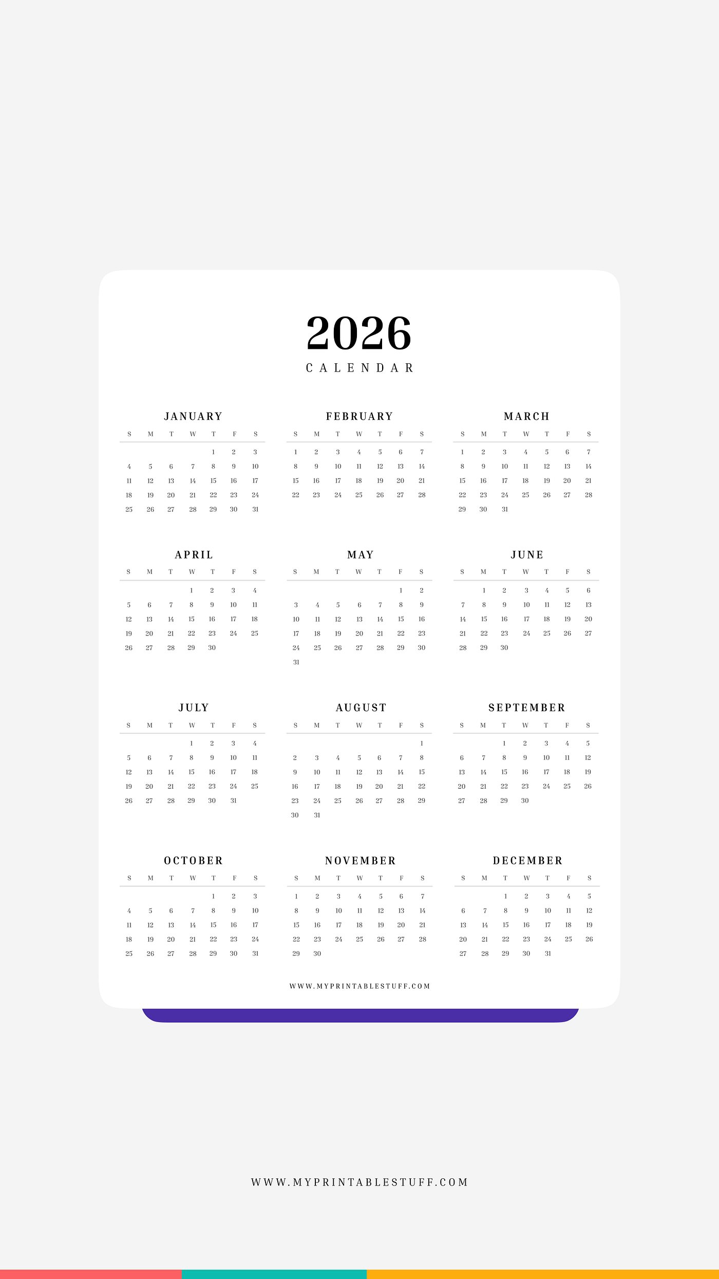 Minimal Printable 2026 Calendar — Simple and Stylish Yearly Planning