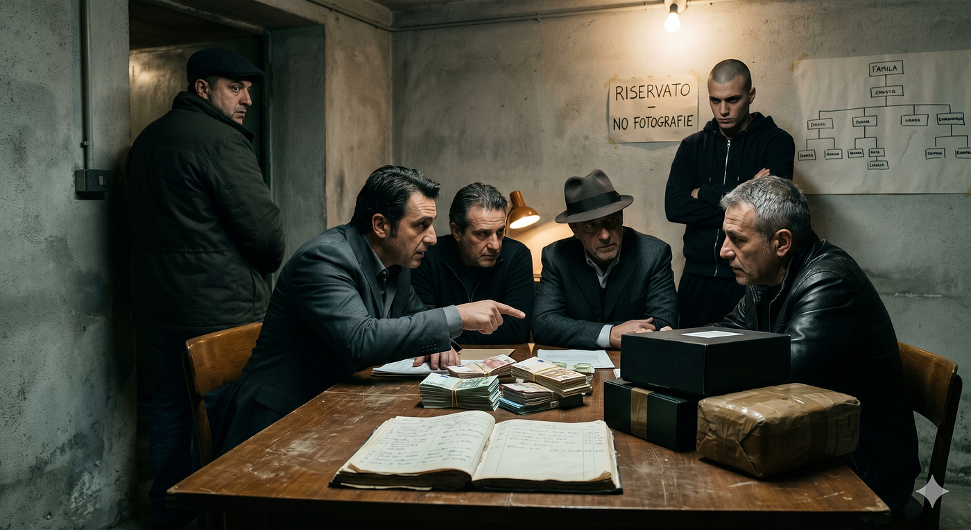 Ecco un’immagine che rappresenta il concetto di criminalità organizzata attraverso una scena evocativa: una riunione clandestina in un ambiente nascosto, con elementi simbolici come lo scambio di denaro, pacchi sospetti e un diagramma che suggerisce una struttura gerarchica. (Gemini AI)