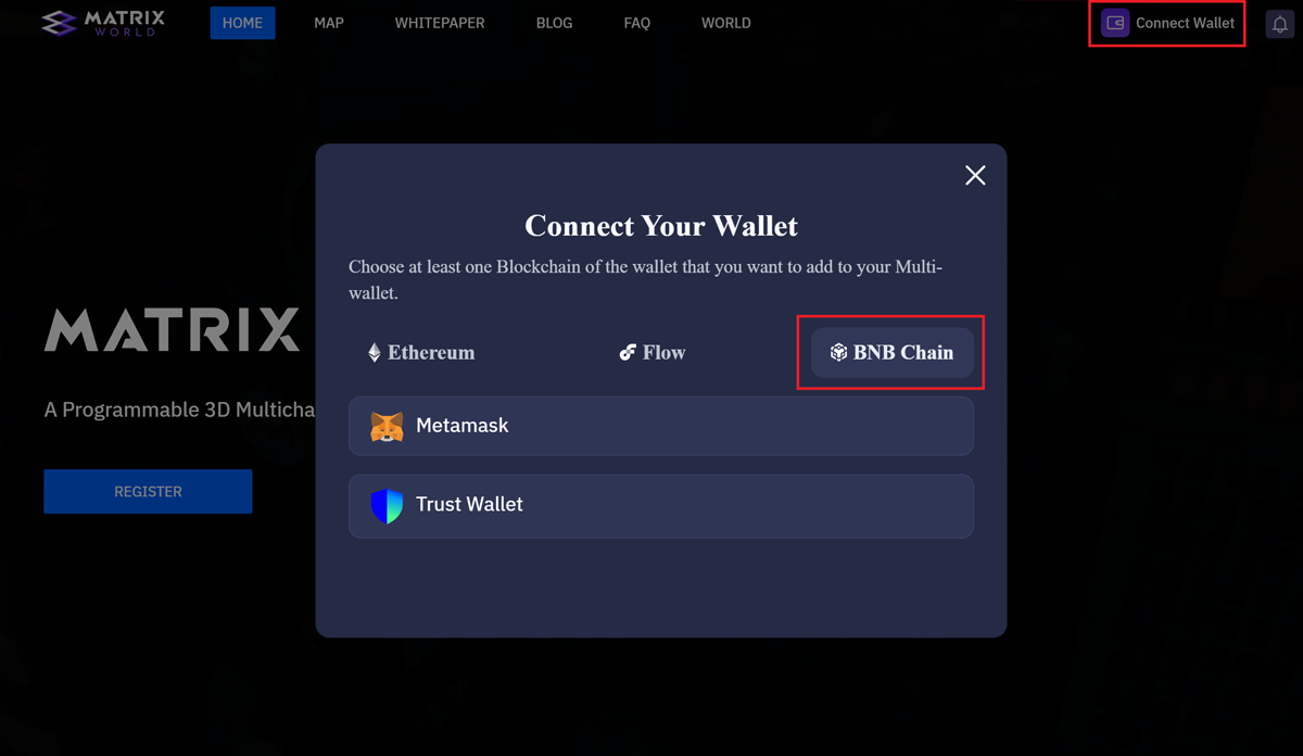 Multi-Wallet Matrix World: How to connect to BNB Smart Chain | by WORLD3:  Next-Gen Autonomous Intelligent World | Medium