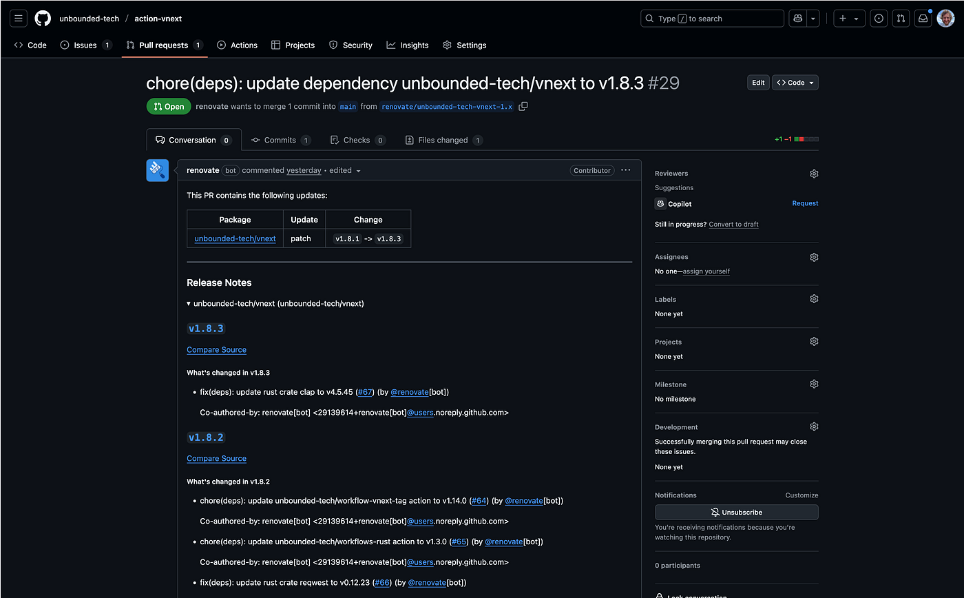 Example Renovate PR Showing Change Log / Release Notes