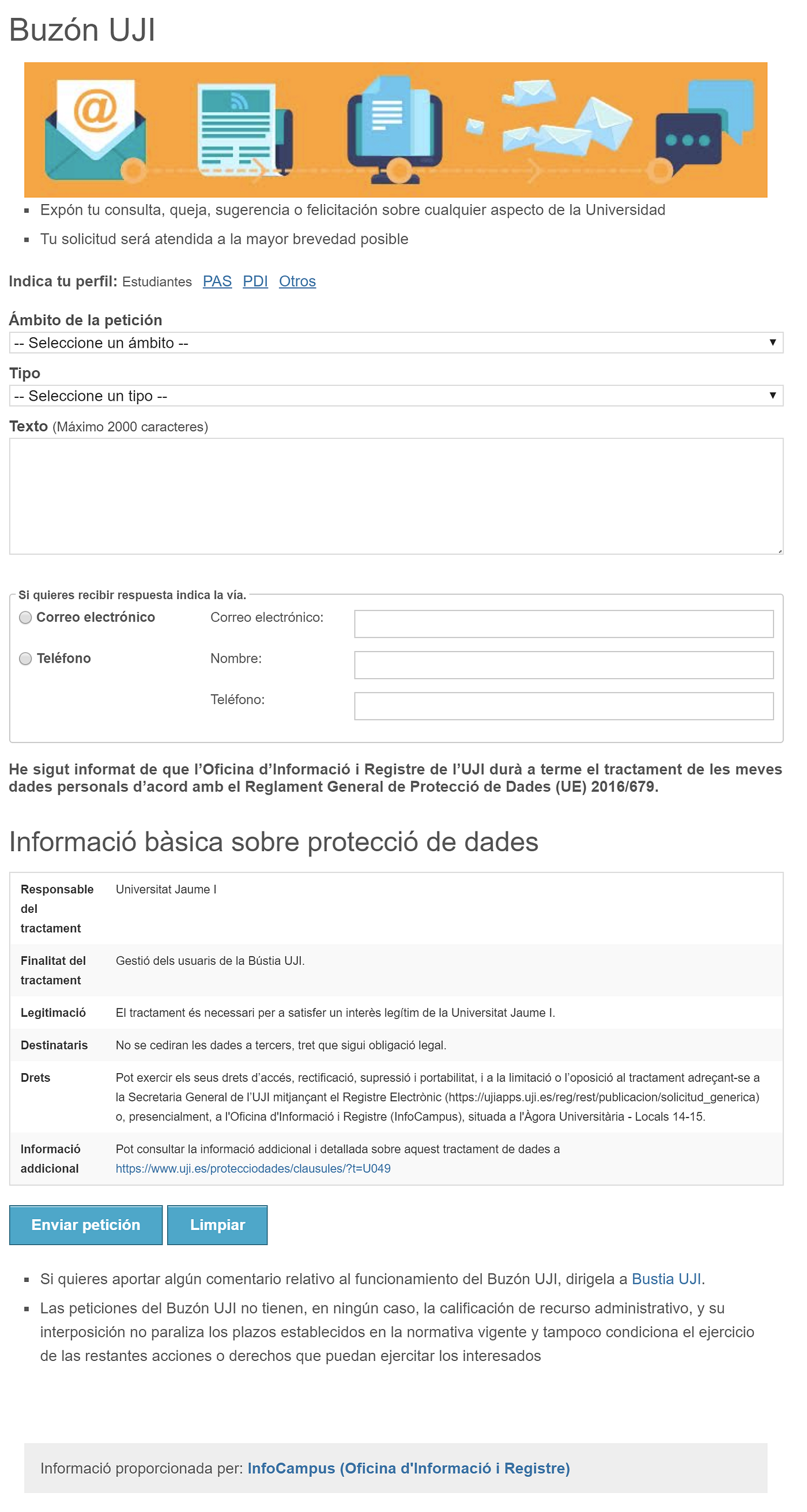 Foto de formulario del Buzón UJI para peticiones, consultas y quejas