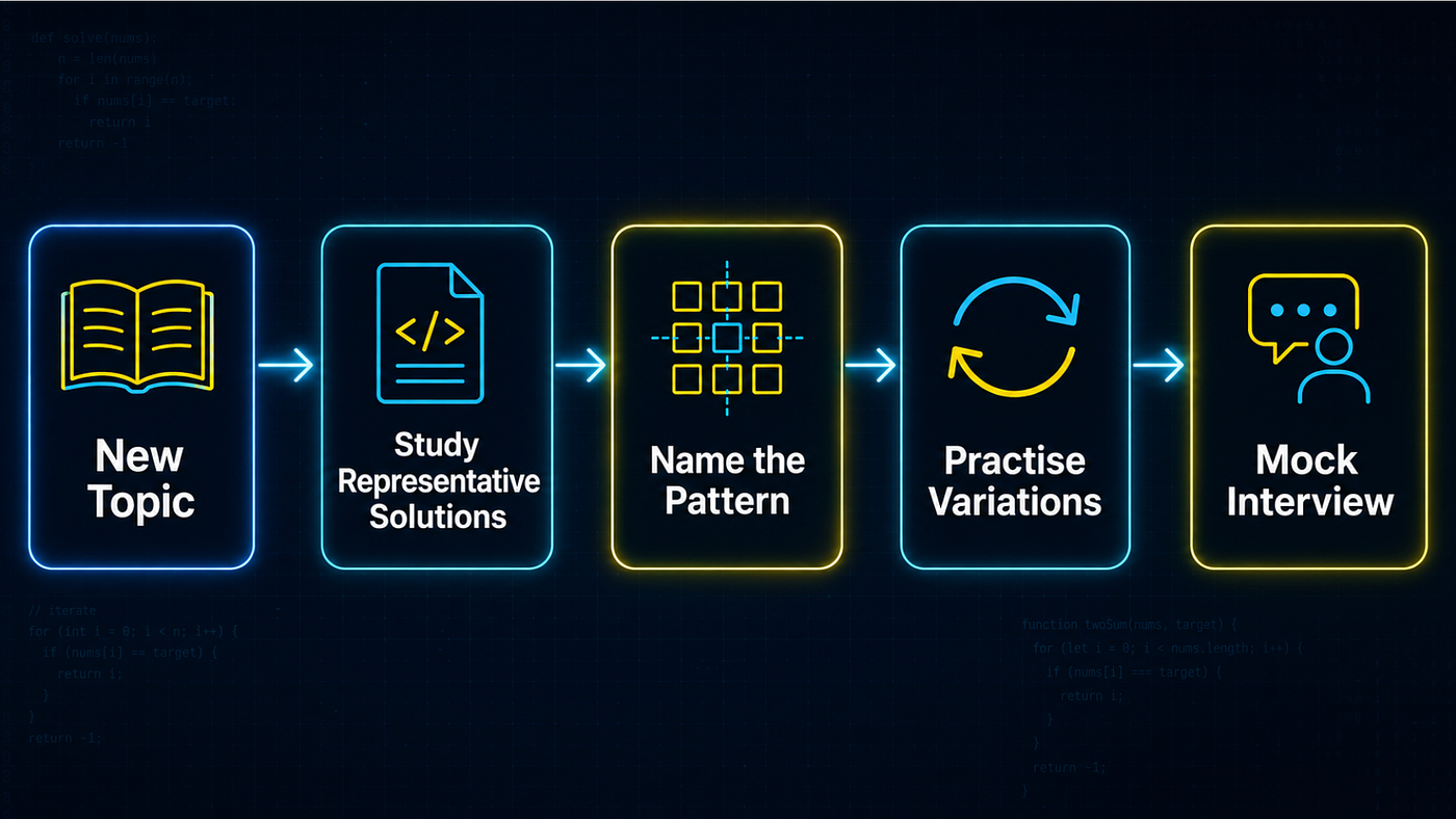 Flowchart: New Topic → Study Representative Solutions → Name the Pattern → Practise Variations → Mock Interview