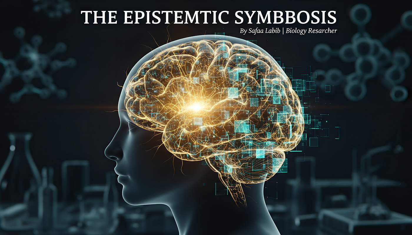 This AI-generated image conceptualizes the “Epistemic Symbiosis,” visualizing the neuro-cognitive interface where human biological pathways couple with synthetic data networks to optimize co-hypothesis generation. Conceptual Design: Safaa Labib, Biology Researcher.