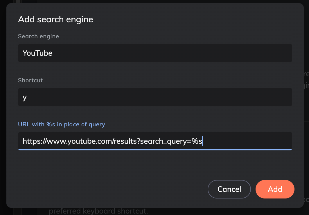 How to setup custom search engines ( for Youtube, Amazon, etc )in