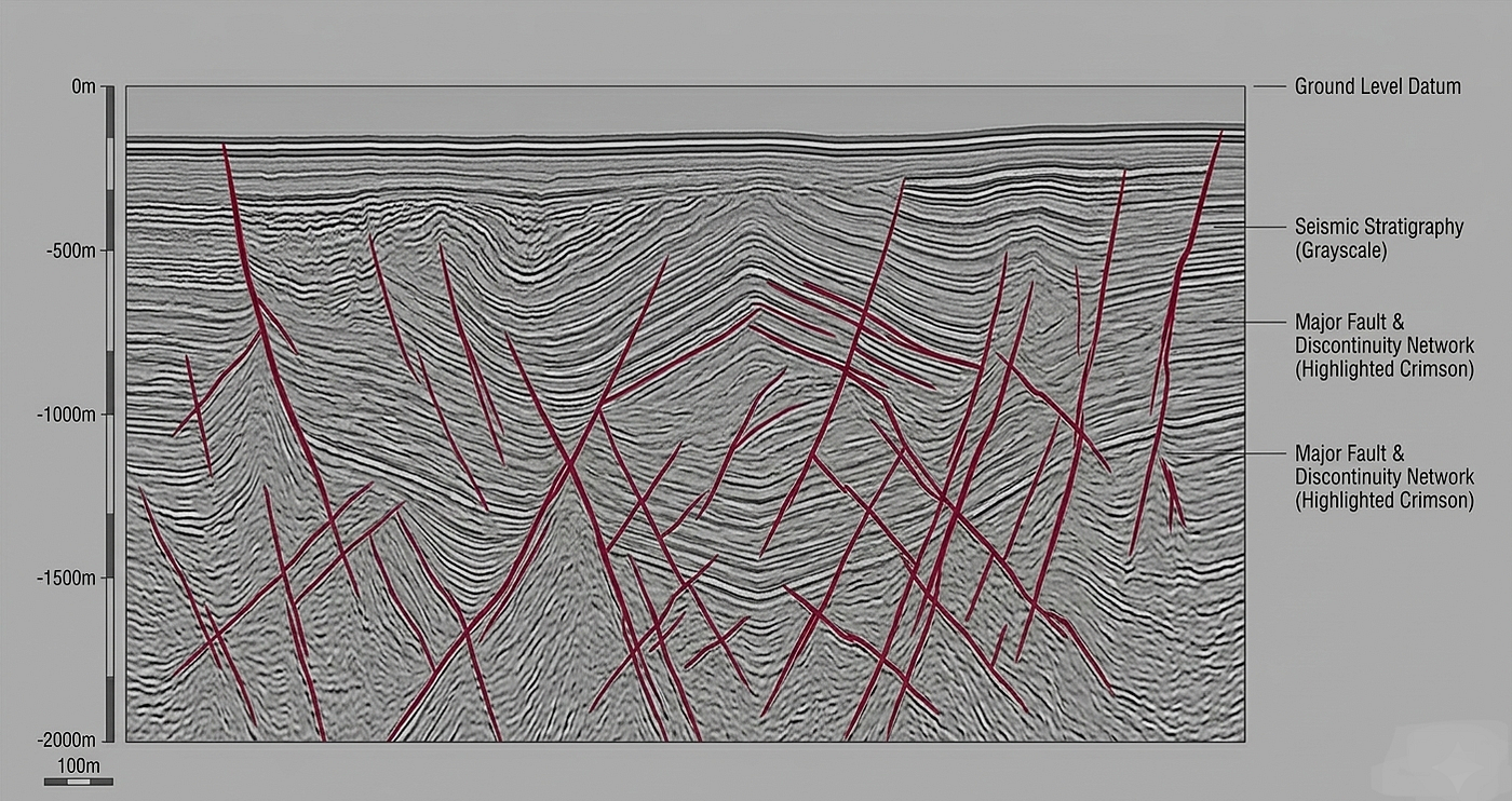 Conceptual seismic slice with major discontinuities highlighted
