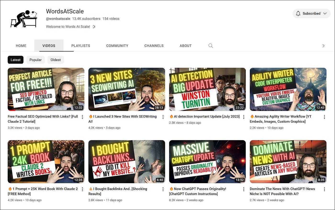 Screenshot of WordsAtScale’s YouTube videos page