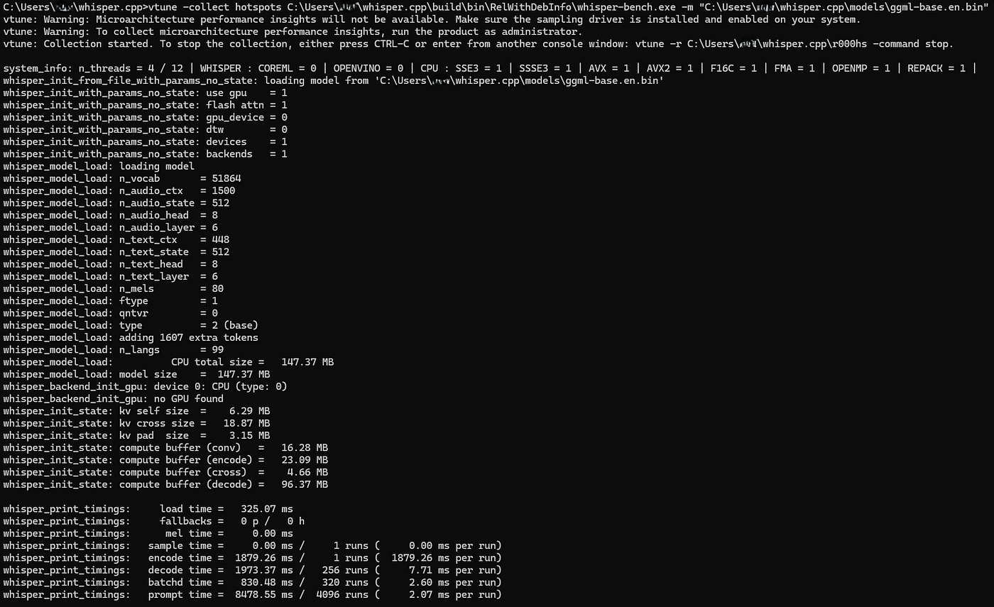 Intel VTune for Windows : Analyzing Whisper.cpp Performance