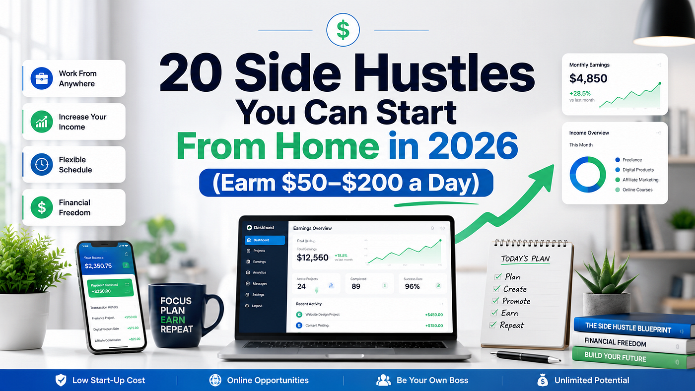 20 Side Hustles You Can Start From Home in 2026 (Earn $50–$200 a Day)