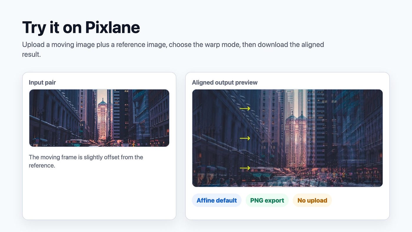 Pixlane Image Alignment lets you test the alignment visually before using the result in another step.