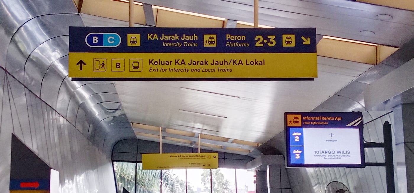 Sign boards in the upper floor between platforms of Bandung station.