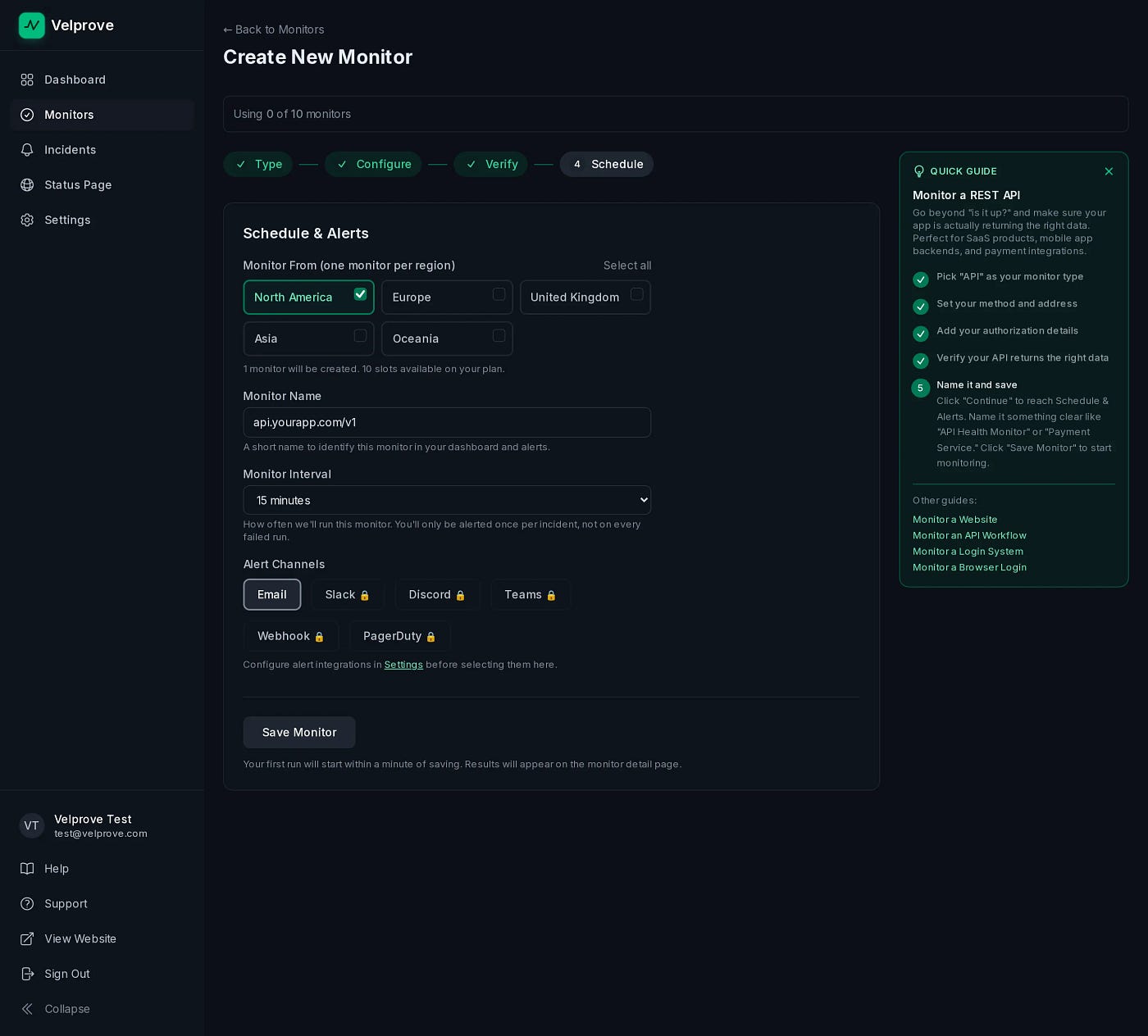 Each monitor runs from one region you pick. To watch the same endpoint from more regions, create one monitor per region. All five global regions are available on every plan, including free.
