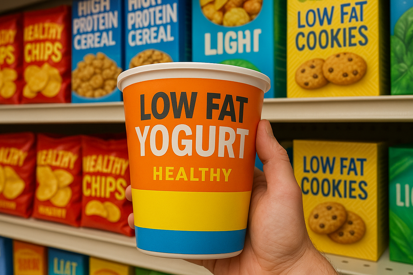 밝은 오렌지색의 저지방 요거트 용기를 쥔 손이 있는 식료품점 선반과 저지방 쿠키, 건강한 칩, 고단백 시리얼이라고 라벨이 붙은 다채로운 상자들이 그 주변에 놓여 있습니다.<BR>