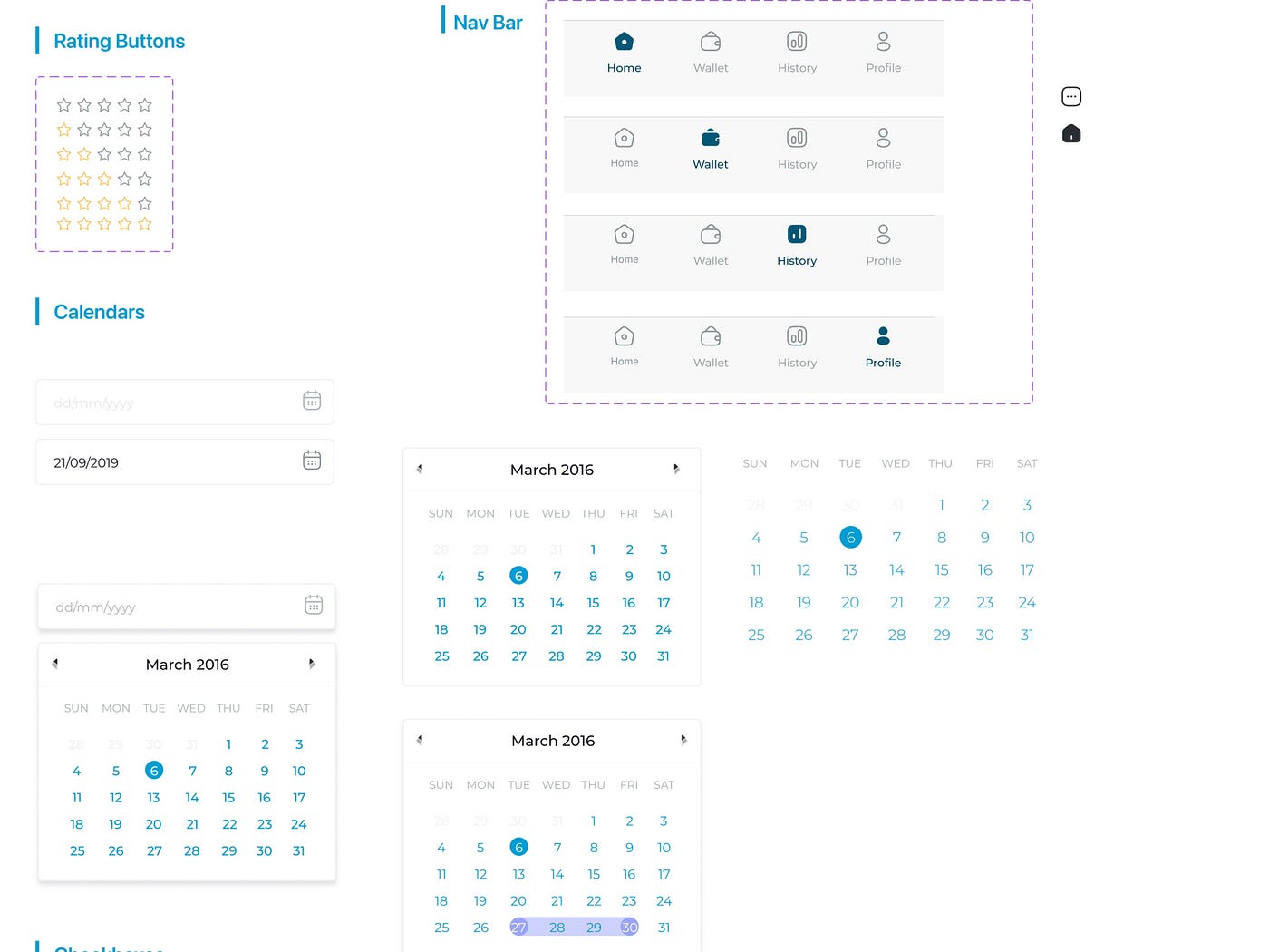 Rating, navigation bar and calendar.
