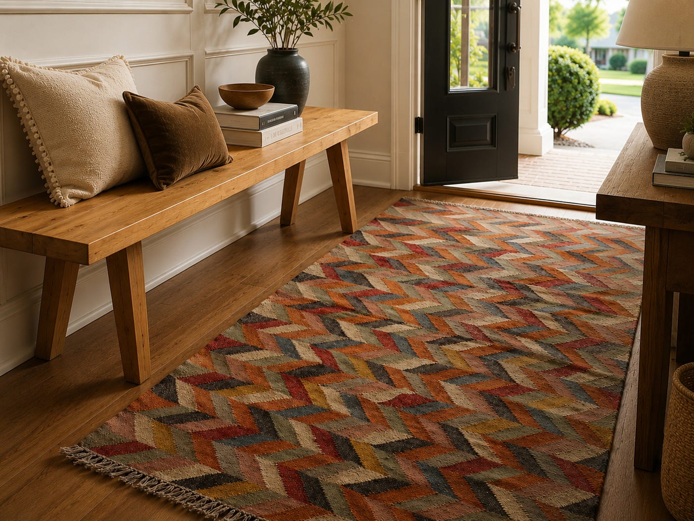 How to Style a Multicolor Chevron Entryway Rug in a Warm Farmhouse Home