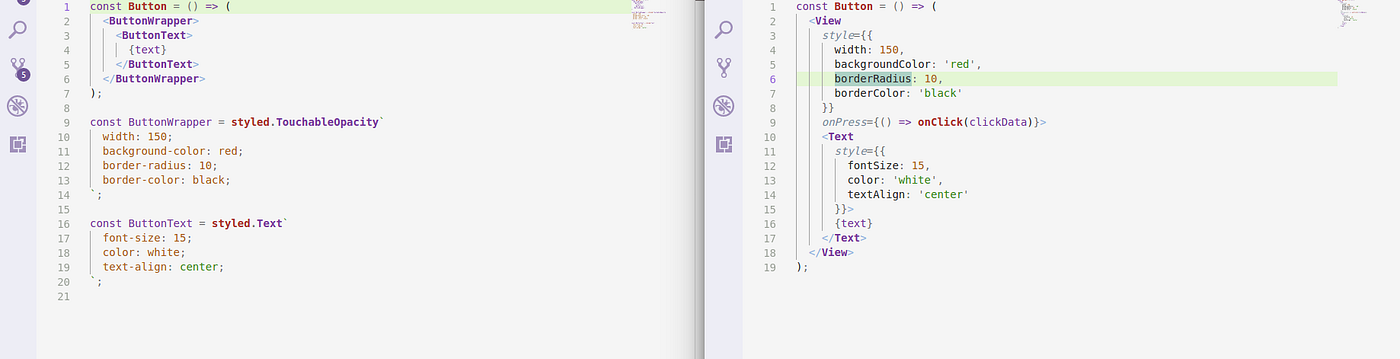 Image 2: Button component example styled with styled components (on the left) VS RN style property (on the right)