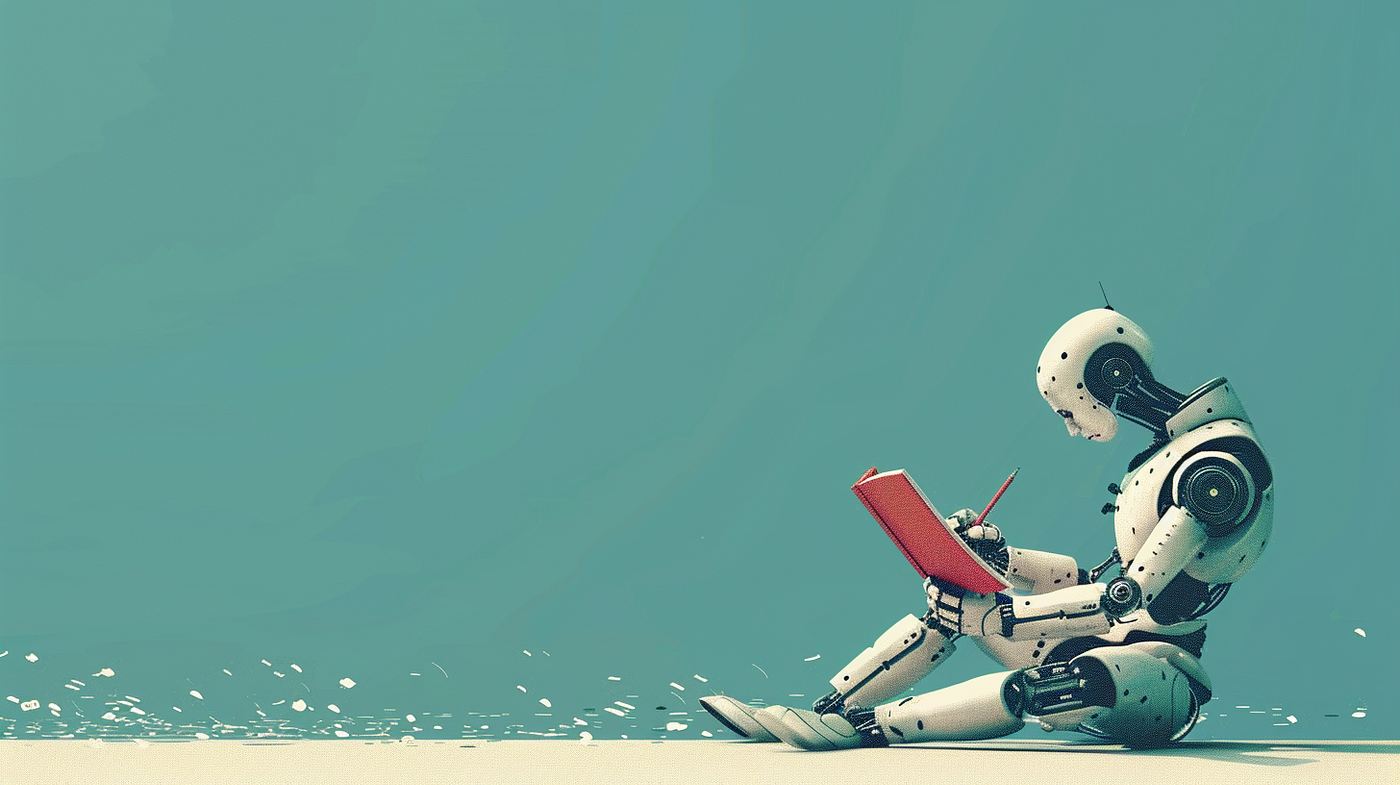 An illustration of a robot sitting on the ground writing in a book
