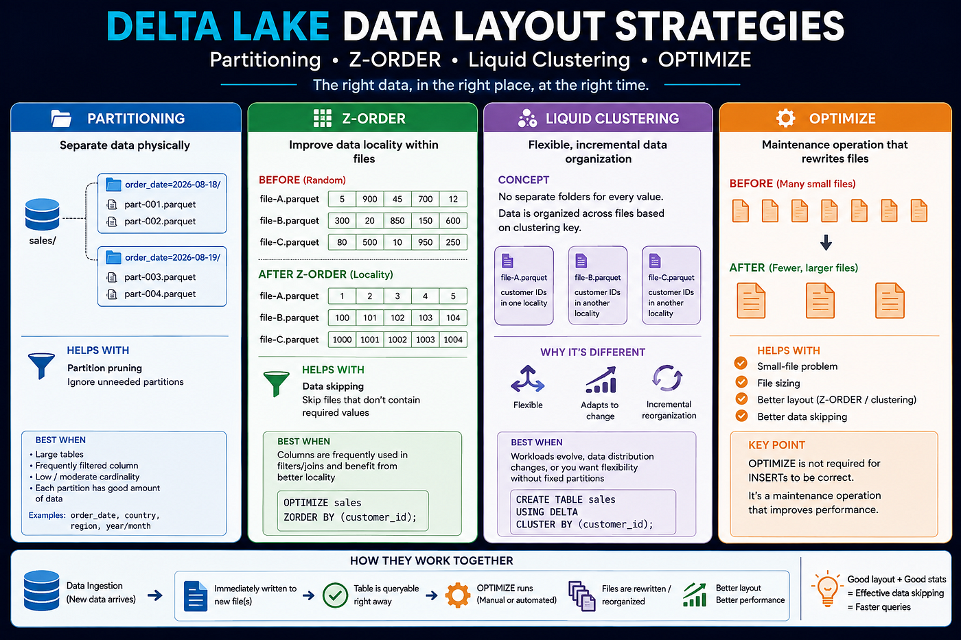 Databricks Data Layout Explained: Partitioning, OPTIMIZE, Z-ORDER & Liquid Clustering