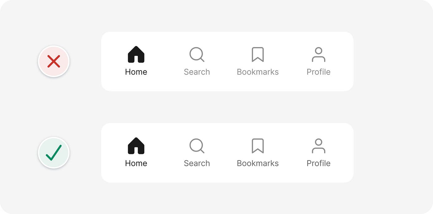 Balancing the weight of icon and text pairs in a bottom navigation component by darkening the text