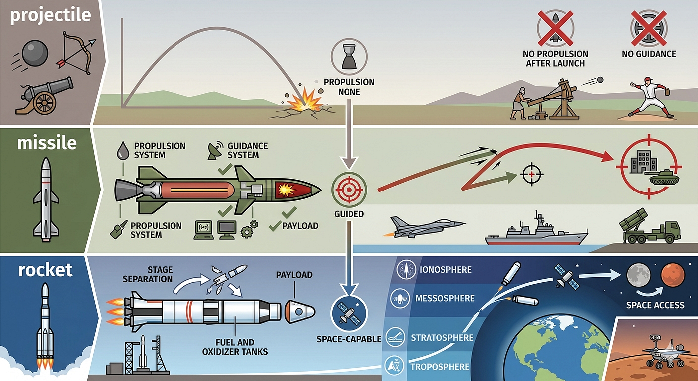 From Battlefield to Space: The Development Story of Projectile, Missile, and Rocket