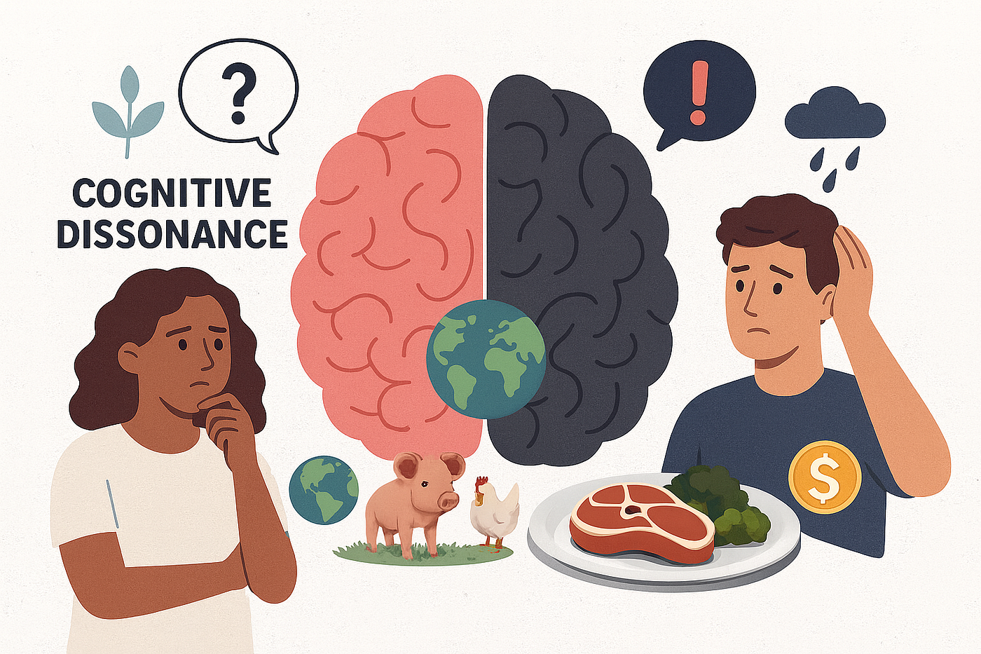 An illustration of cognitive dissonance, showing a mind torn between empathy for animals and the act of consuming them