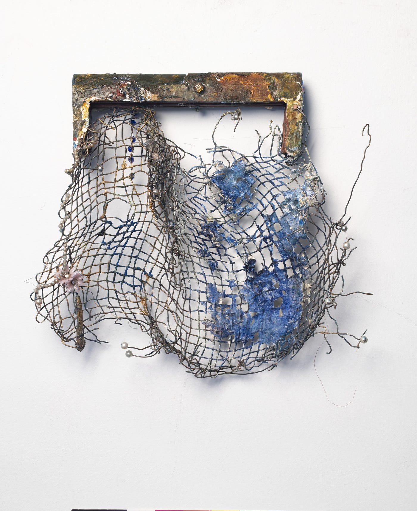 Fragione, Cianne. Ossi di Seppia and Lace. 2015 / 2023, oil-based paint, plastic jewelry gemstones, metal, pearls, textile, thread, and wood, 16 x 18 x 2 inches. courtesy of the artist.