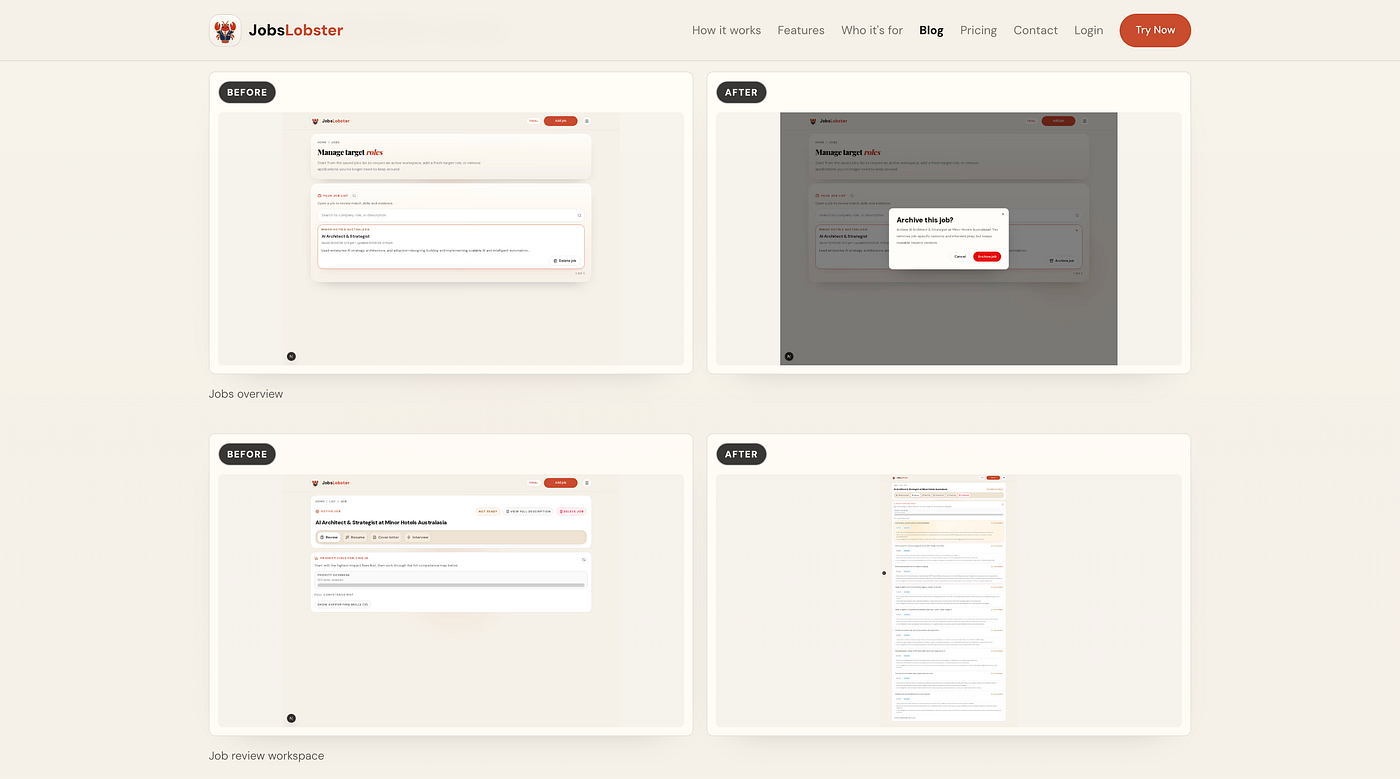 The before-and-after screenshot on release posts (Source: JobsLobster Blog)