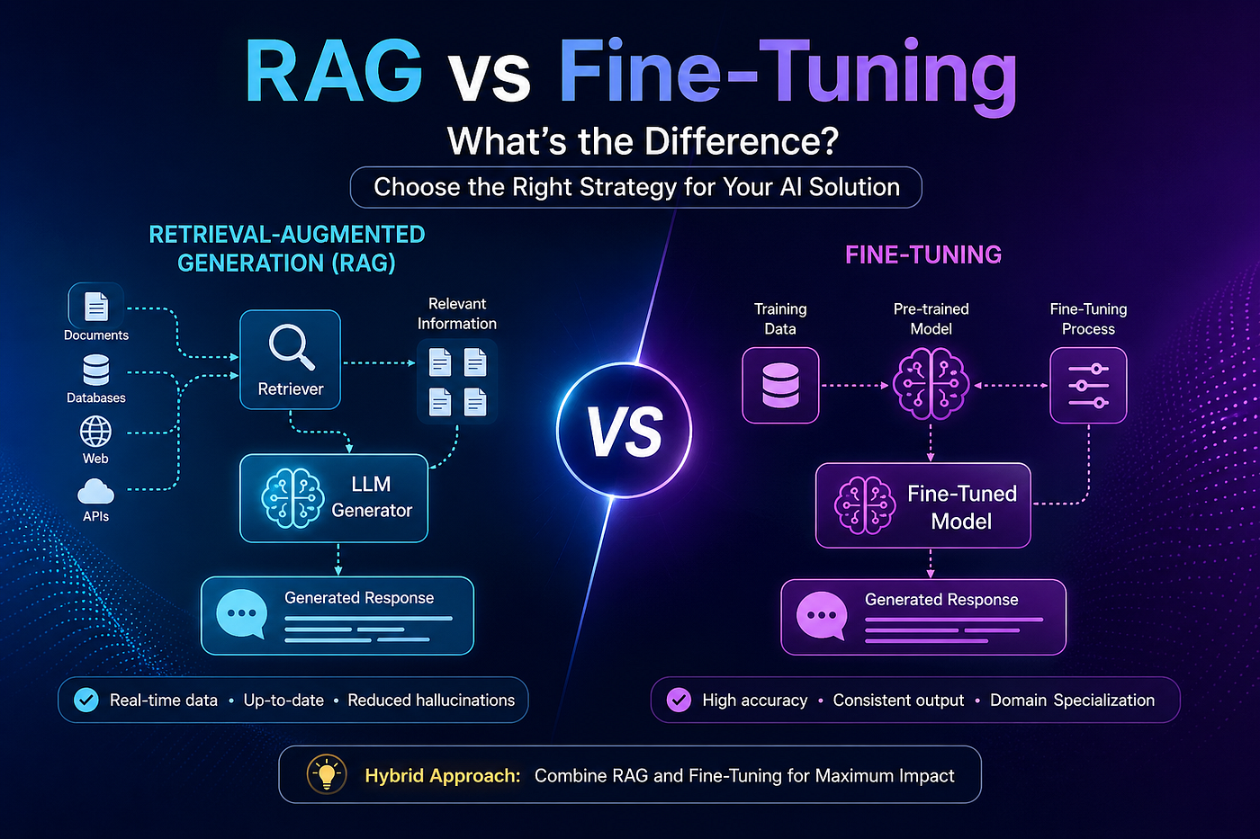 Modern AI comparison infographic showing Retrieval-Augmented Generation (RAG) vs Fine-Tuning with a hybrid approach concept, highlighting how both strategies power next-gen intelligent systems