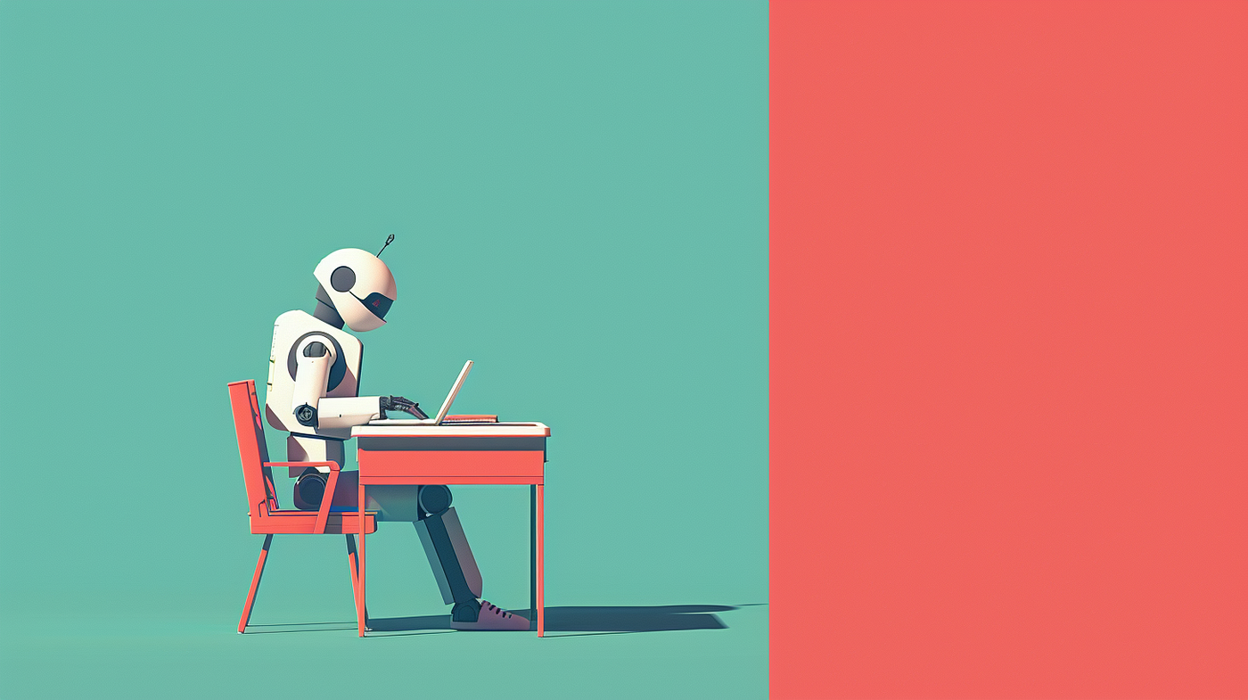An illustration of a robot sitting at a desk working on a laptop