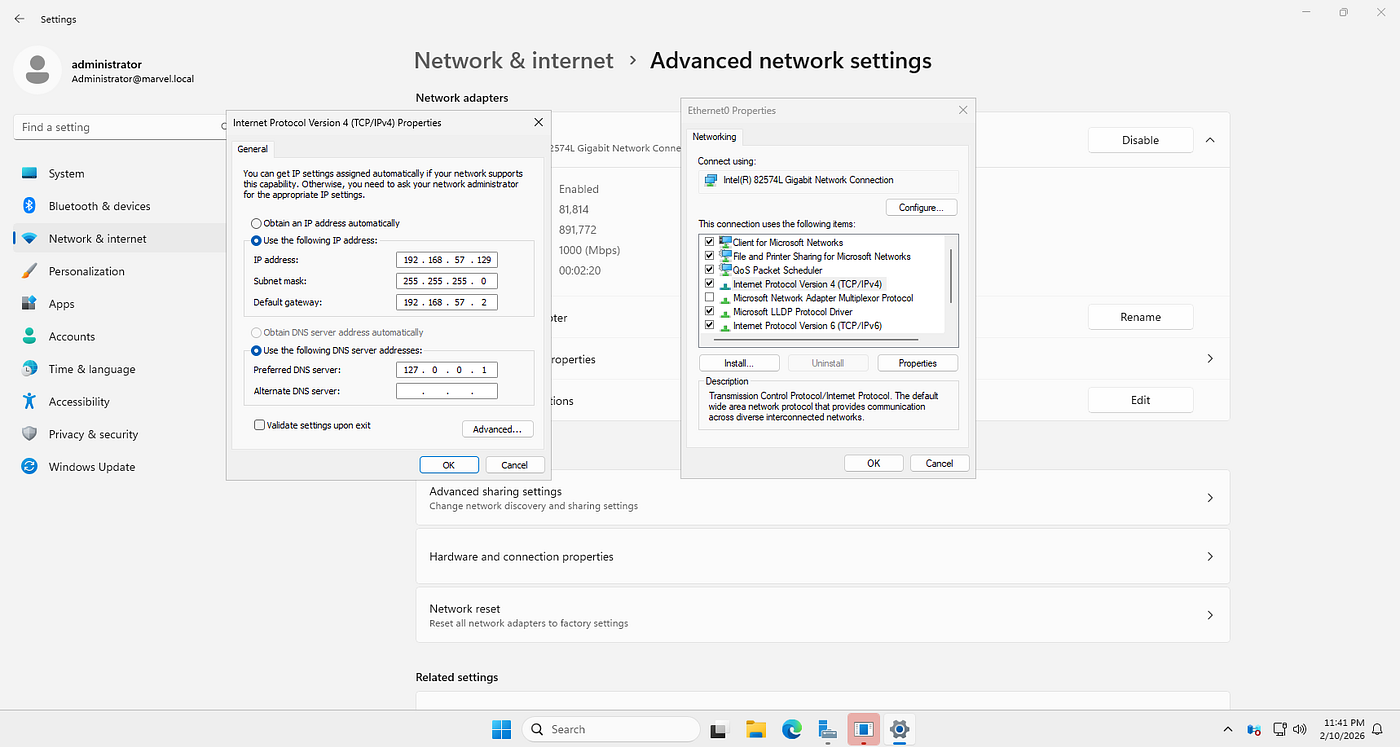 (Static IP and DNS configuration on the server)