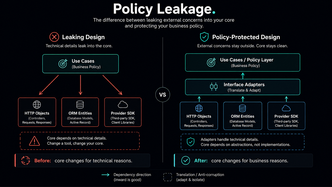 Policy leakage starts when business rules depend on framework objects, provider SDKs, or persistence details.