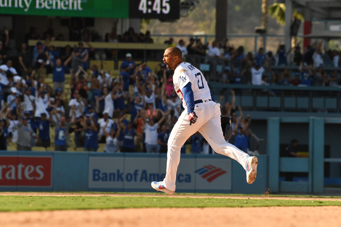 Kemp celebrates after a walk-off double on Sept. 2, 2018. (Josh Barber/Los Angeles Dodgers)