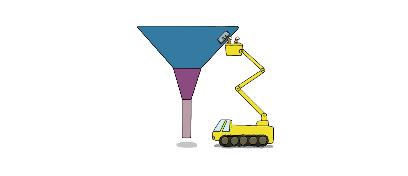 A drawing of a funnel diagram being repaired by people on a crane who are fixing the top part of the diagram.