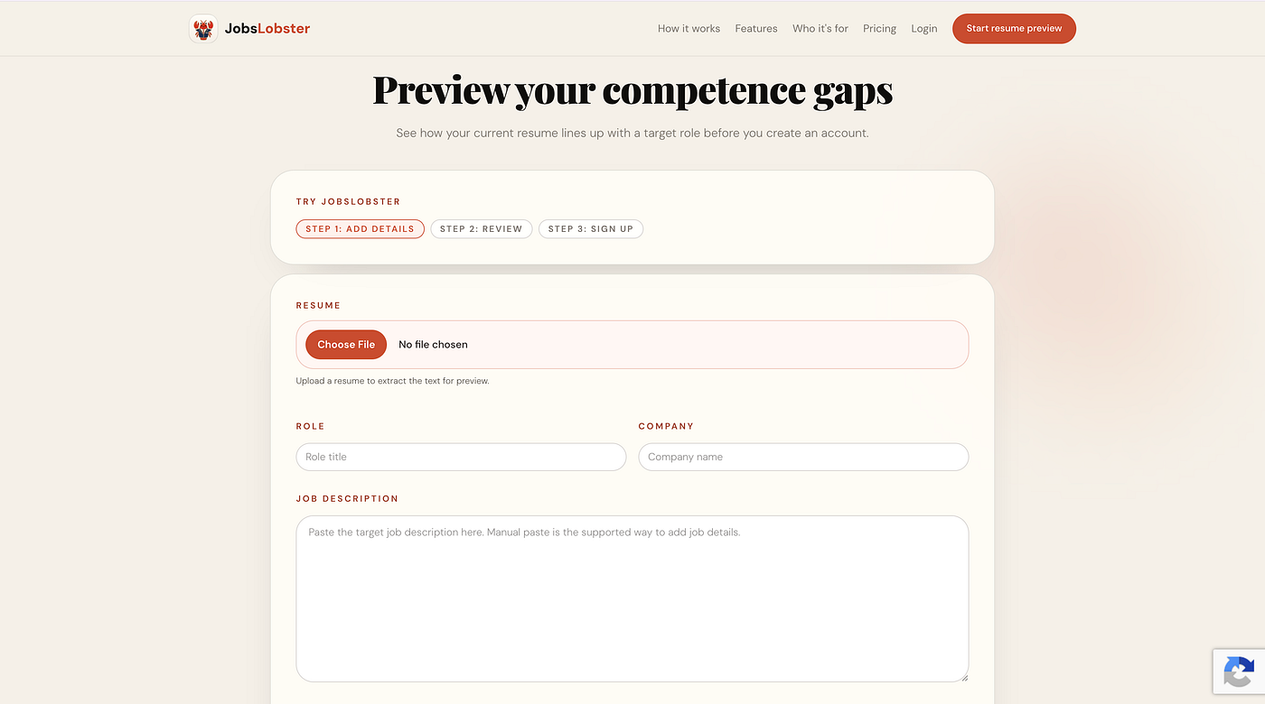 Click ‘Start resume preview’, upload your resume, and paste the job descriptions.
