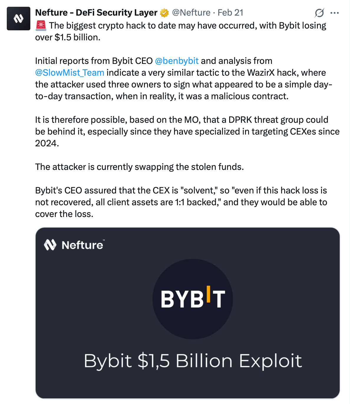 The $1.5 Billion Bybit Hack: Full Breakdown of the Largest Crypto Heist in  History | by Nefture Security | Coinmonks | Medium