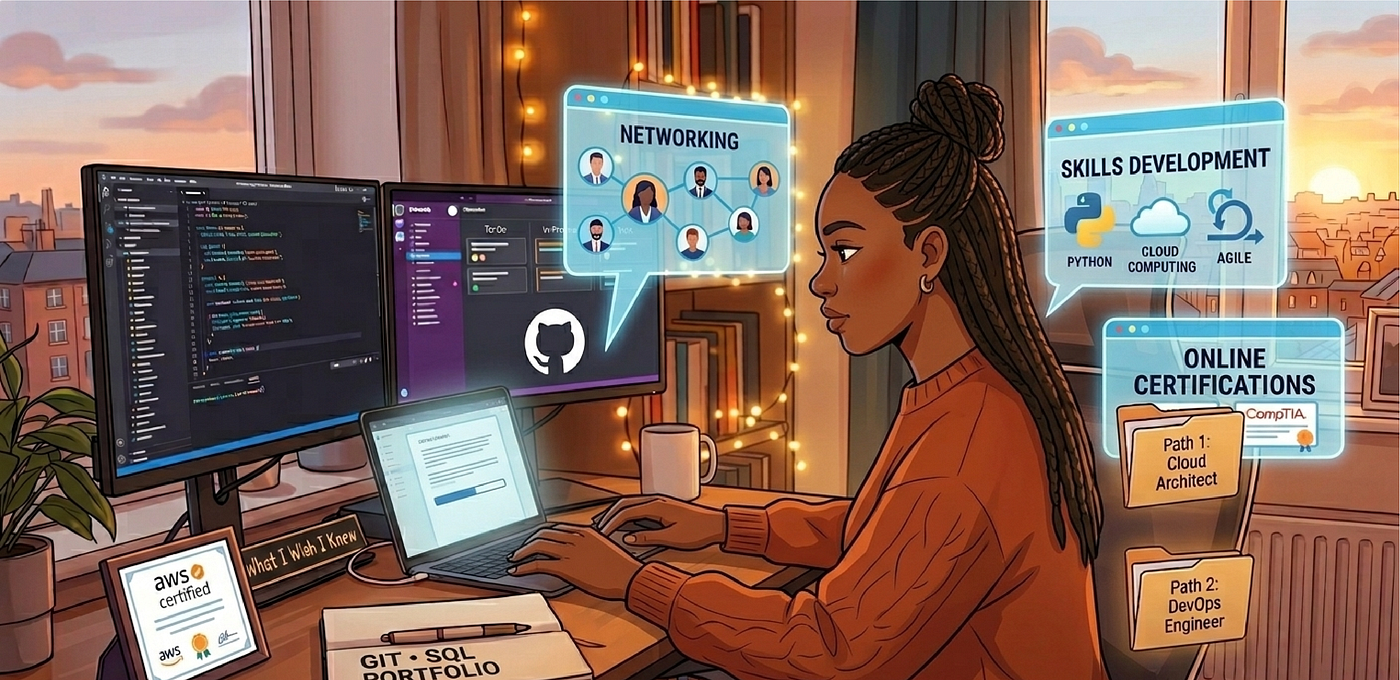 From mapping out professional networks to targeting cloud certifications, intentional skill-building turns the overwhelming tech landscape into an actionable roadmap. Illustration by Nikki Adjei