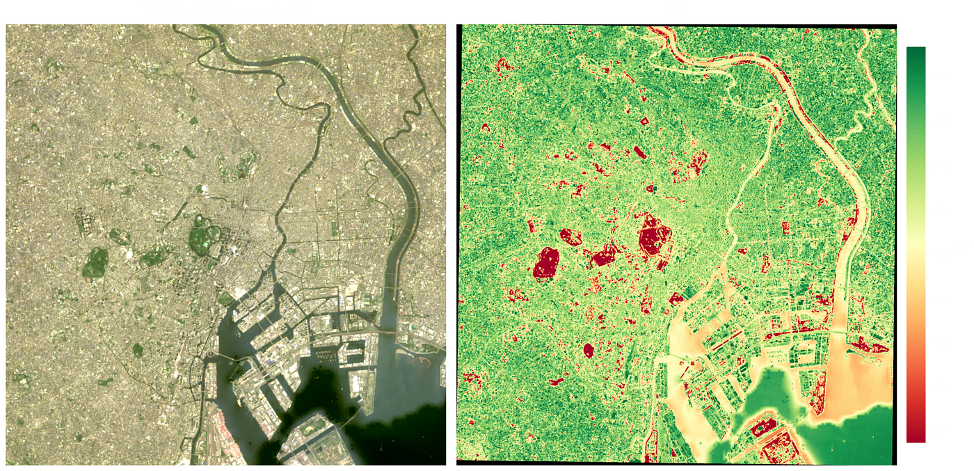 Comparação espectral da região de Tokyo Japão utilizando o satélite Landsat 9. À esquerda, composição em Cor Verdadeira (RGB). À direita, BSI (Bare Soil Index) , índice desenvolvido para realçar superfícies com pouca ou nenhuma cobertura vegetal. Tons claros indicam maior predominância de solo exposto, áreas urbanizadas, superfícies minerais e regiões com baixa atividade fotossintética, enquanto tons escuros representam vegetação densa, corpos d’água e superfícies com maior teor de umidade. O BSI explora o contraste espectral entre as bandas do Azul, Vermelho, Infravermelho Próximo (NIR) e Infravermelho de Ondas Curtas (SWIR), destacando áreas onde o solo é o principal elemento da paisagem. Em ambientes urbanos, o índice tende a evidenciar ruas, loteamentos, telhados e superfícies impermeabilizadas, embora também responda fortemente a áreas agrícolas recém-colhidas, terrenos preparados para cultivo e solos naturalmente expostos. Por essa razão, o BSI é amplamente utilizado para monitorar expansão urbana, degradação do solo, processos erosivos e mudanças no uso e cobertura da terra. Visualização gerada com Google Earth Engine via Python (Jupyter Notebook) e geocanvas, biblioteca de visualização de dados geoespaciais desenvolvida pelo autor.