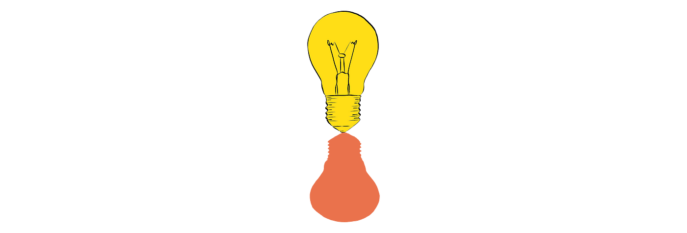 Yellow lightbulb with orange shadow. Hand-drawn graphic.