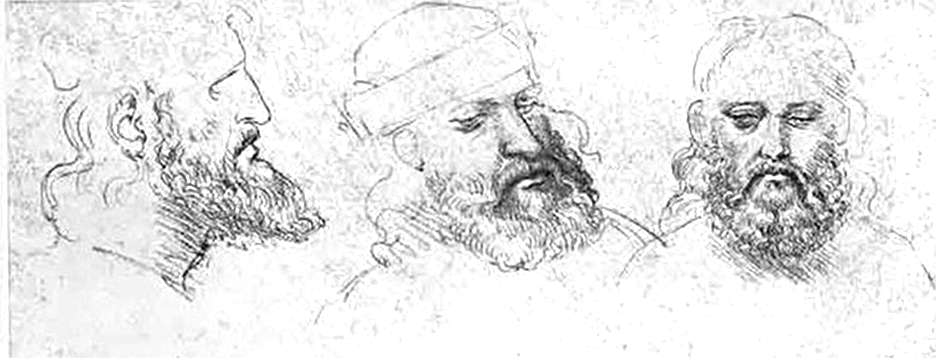 Three sketches of a bearded man from different angles