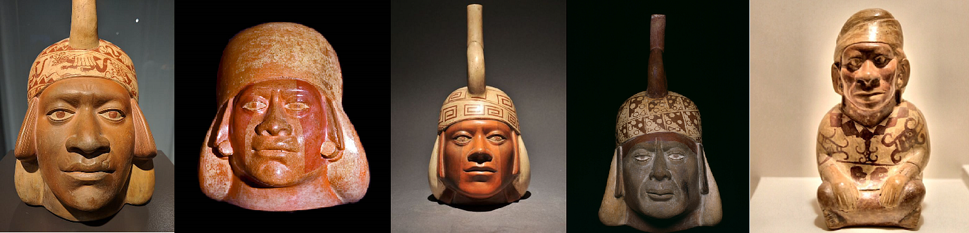 FAR LEFT: “Portrait head of a Moche man. Peru, Moche Culture, Exhibited at Museum Rietberg, Zurich, Switzerland.” Caption by Chase McGhee. LEFT MIDDLE: Moche artist, Peru, South America, ca. 200–800 [AD], Period 1 [AD]-500[AD], Clay with paint. Caption information by Anenberg Learner. Photo by David Bernstein Fine Art, New York, NY. CENTER: “Portraiture Vessel. Moche Culture. Peru. (2nd-8th Century AD).” Image and caption by Treasures and Beauty Tumblr. FAR RIGHT: “Larco Hoyle Mochica Phase Three Ceramic. Larco Museum, Lima.” Image and caption by Travel to Eat.