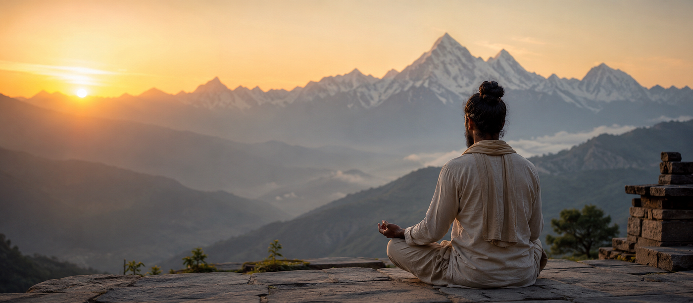 Early morning meditation in the Himalayas, showing how India continues to shape yoga study through practice, silence, and tradition.