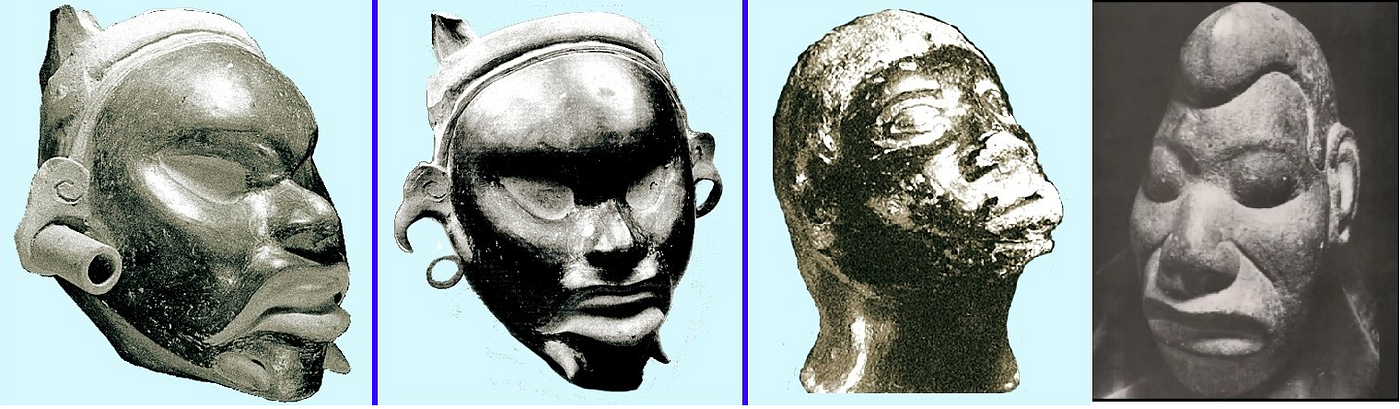 The crime of erasure. The silence of complicity. Neither do these figurines represent Siberian, Asian, or “mongoloid” populations. FAR LEFT: Ceramic figure, 7 in. high, from Oaxaca, Mexico (circa 900 AD–1300 AD), photo by von Wuthenau, 1969). LEFT MIDDLE: Ceramic sculpture, 7.8 in high, from the Mixtec Culture, Oaxaca, Mexico, (circa 1200 AD–1400 AD) photo by Bernonneau et al., 1985. MIDDLE RIGHT: Ceramic sculpture, 5 1/2 in. high, from a site in the Valley of Mexico (circa 1200 AD–1300 AD, photo by von Wuthenau, 1969). FAR RIGHT: Classic Period, Veracruz, Mexico. American Museum of Natural History.