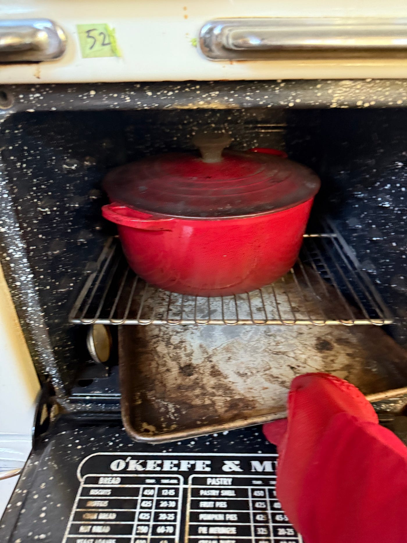Accessing the preheated crock pot (L), back in the oven with loaf inside (M), and inserting an oven tray underneath (R)