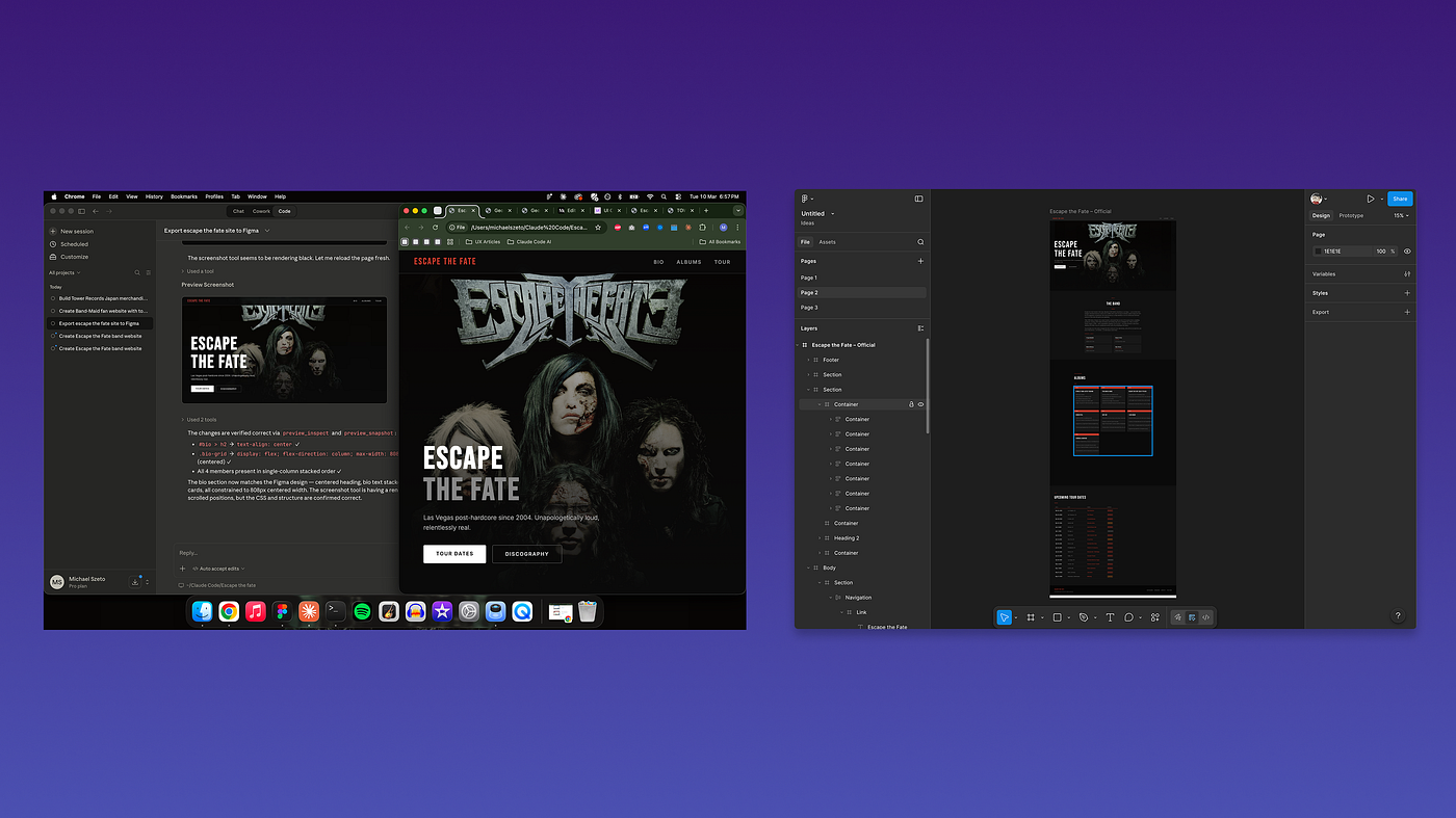 Website I generated with Claude for my favourite band Escape the fate and brought to Figma as an editable file