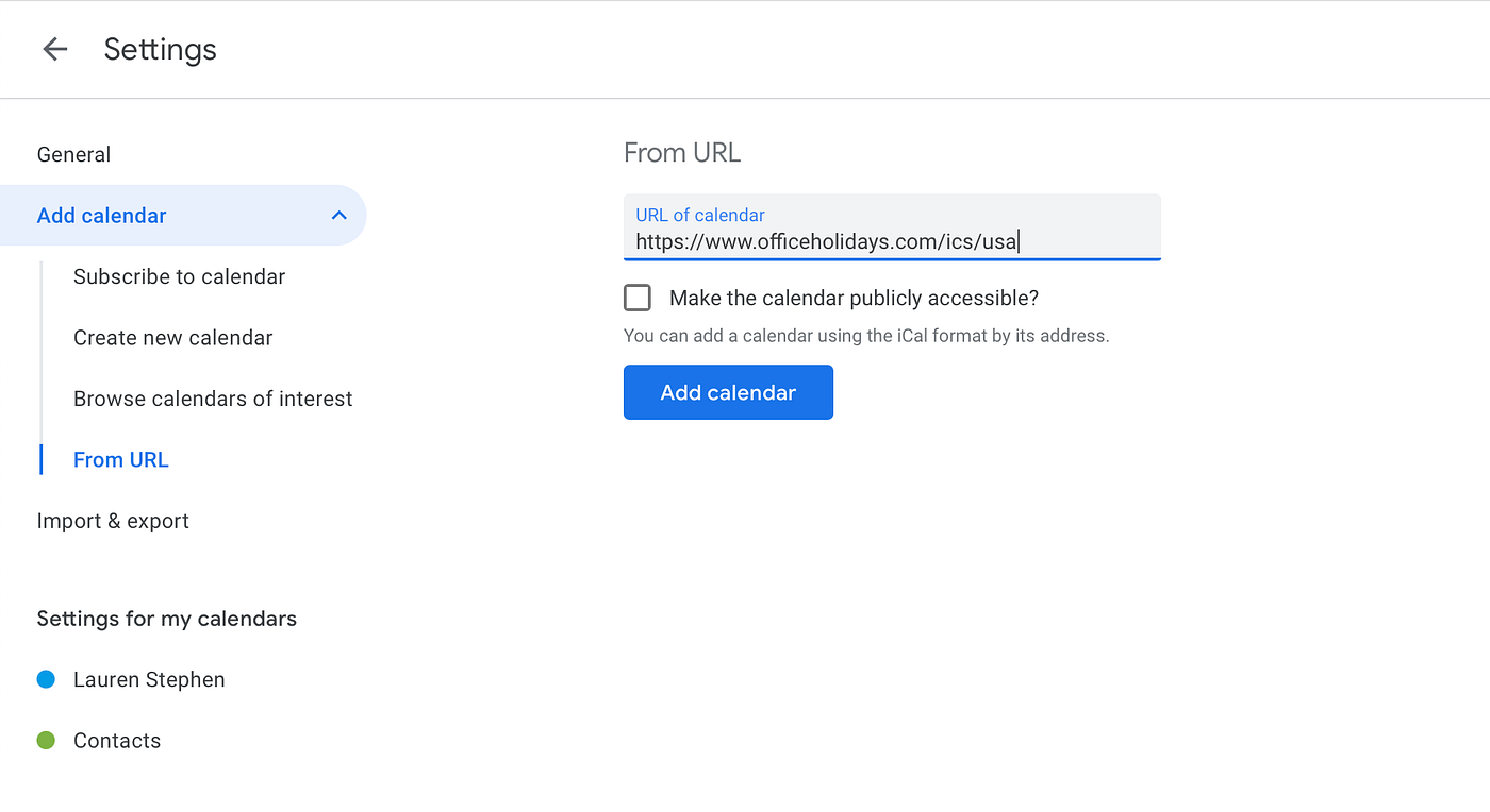 Subscribe to an iCalendar feed in Google Calendar, and solve update issues  | by Lauren Stephen | Medium