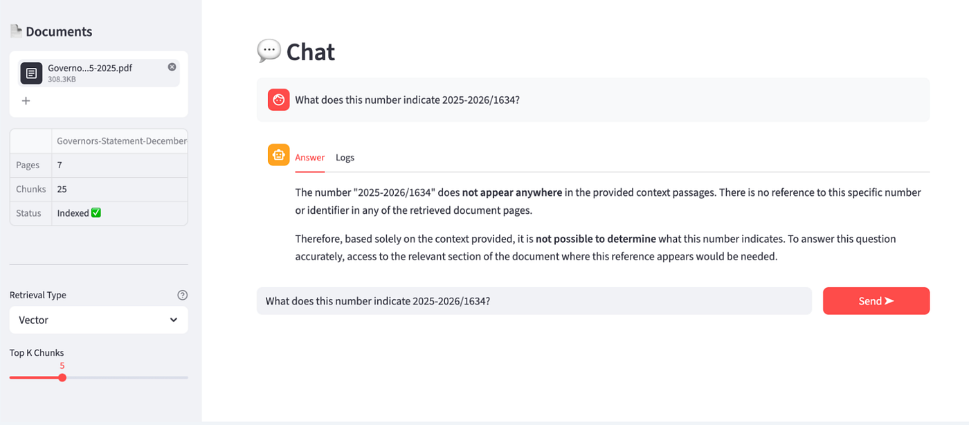 Screenshot: ‘Vector’ selected. Query: ‘What does this number indicate 2025–2026/1634?’ LLM responds it cannot find information about this reference.
