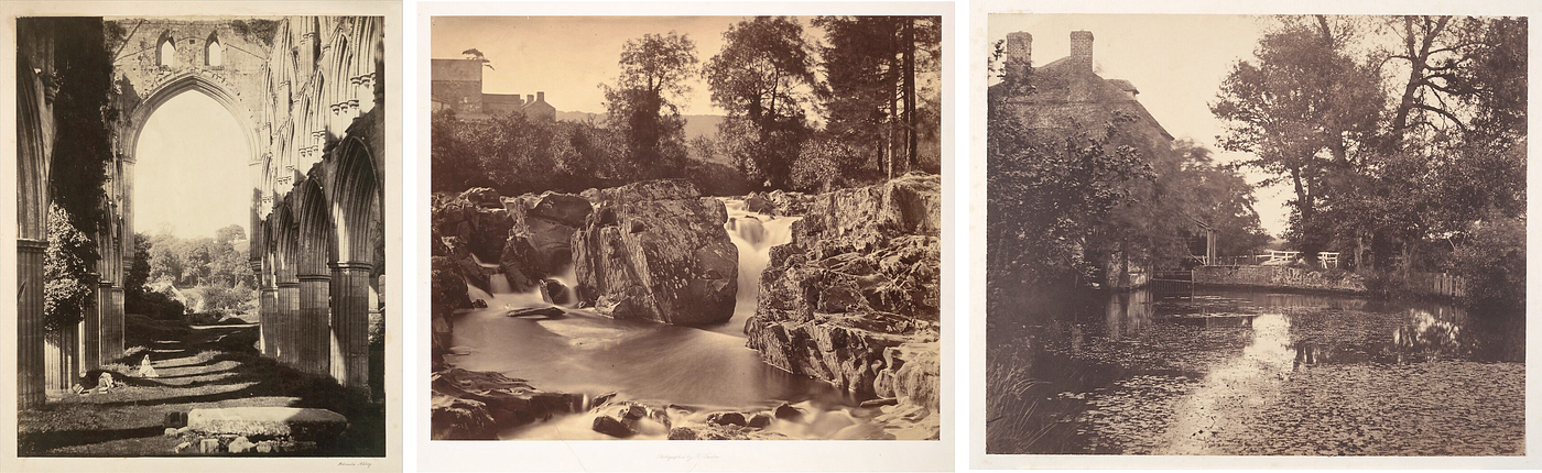 Roger Fenton, mid-19th-century photographer. Was he influenced by ideas and themes from the previous century over picturesque? Nature and ruins? The remains of Rievaulx Abbey frame an example of wild nature. The power of water, a force of nature - Fenton’s Falls of the Llugwy, at Pont-y-Pair (Betws-y-Coed in Wales). Finally, nature controlled and deployed: Hunford Mill, Surrey. This is the mill’s pool that supplies the water to drive the mill wheel.