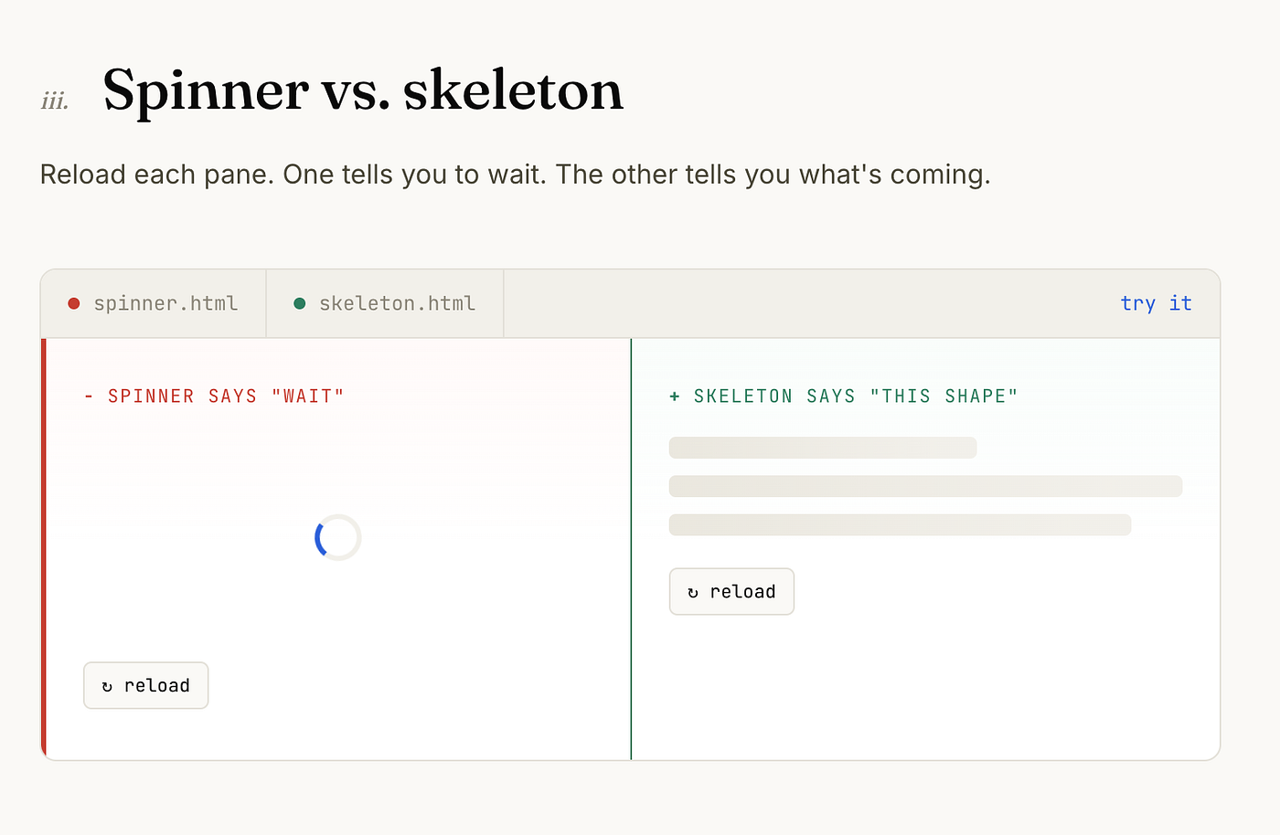 Spinner vs. skeleton