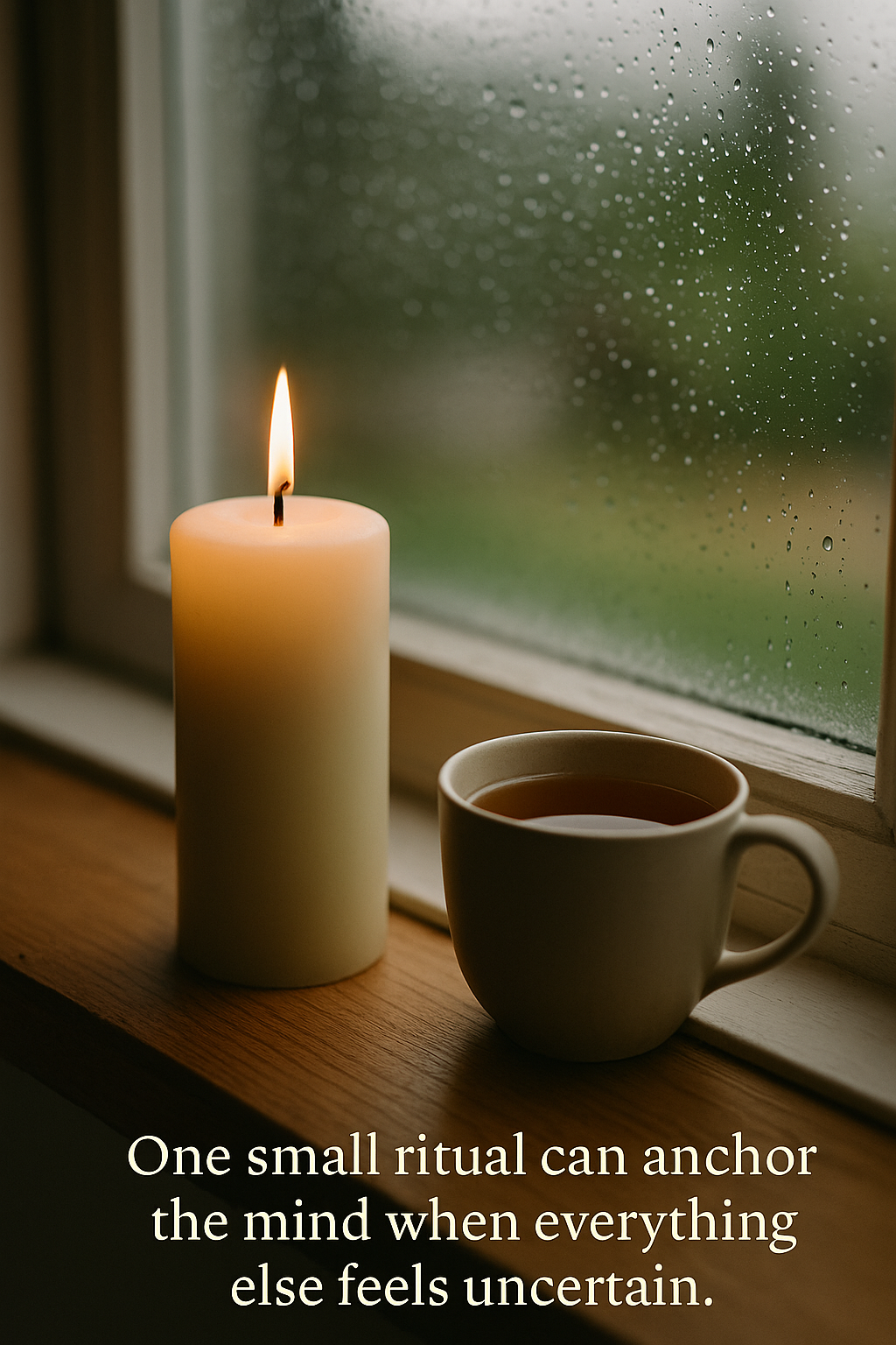 부드러운 아침 비가 내리는 가운데 주방 창문 옆에 촛불이 켜져 있고, 옆에는 생강차 한 잔이 놓여 있습니다.<BR> 이는 불확실성 속에서의 마음챙김과 일상의 의식을 상징합니다.<BR>